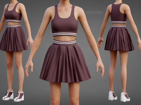 Roupa de duas pe&ccedil;as Activewear Co-Ord &ndash; Suti&atilde; esportivo saia skatista plissada Modelo 3D