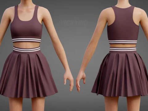Roupa de duas pe&ccedil;as Activewear Co-Ord &ndash; Suti&atilde; esportivo saia skatista plissada Modelo 3D