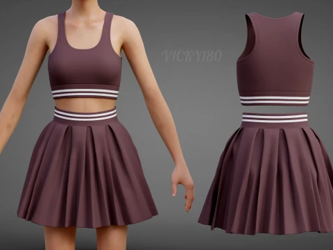 Roupa de duas pe&ccedil;as Activewear Co-Ord &ndash; Suti&atilde; esportivo saia skatista plissada Modelo 3D