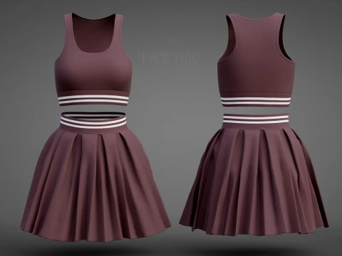 Roupa de duas pe&ccedil;as Activewear Co-Ord &ndash; Suti&atilde; esportivo saia skatista plissada Modelo 3D