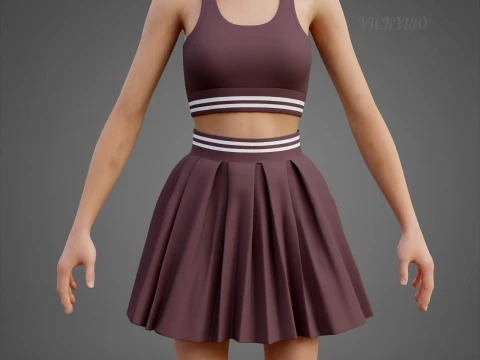Roupa de duas pe&ccedil;as Activewear Co-Ord &ndash; Suti&atilde; esportivo saia skatista plissada Modelo 3D