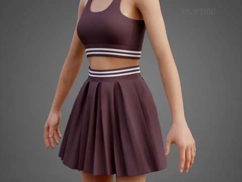 Roupa de duas pe&ccedil;as Activewear Co-Ord &ndash; Suti&atilde; esportivo saia skatista plissada Modelo 3D