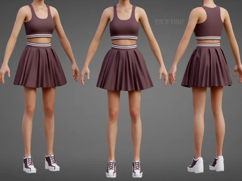 Roupa de duas pe&ccedil;as Activewear Co-Ord &ndash; Suti&atilde; esportivo saia skatista plissada Modelo 3D