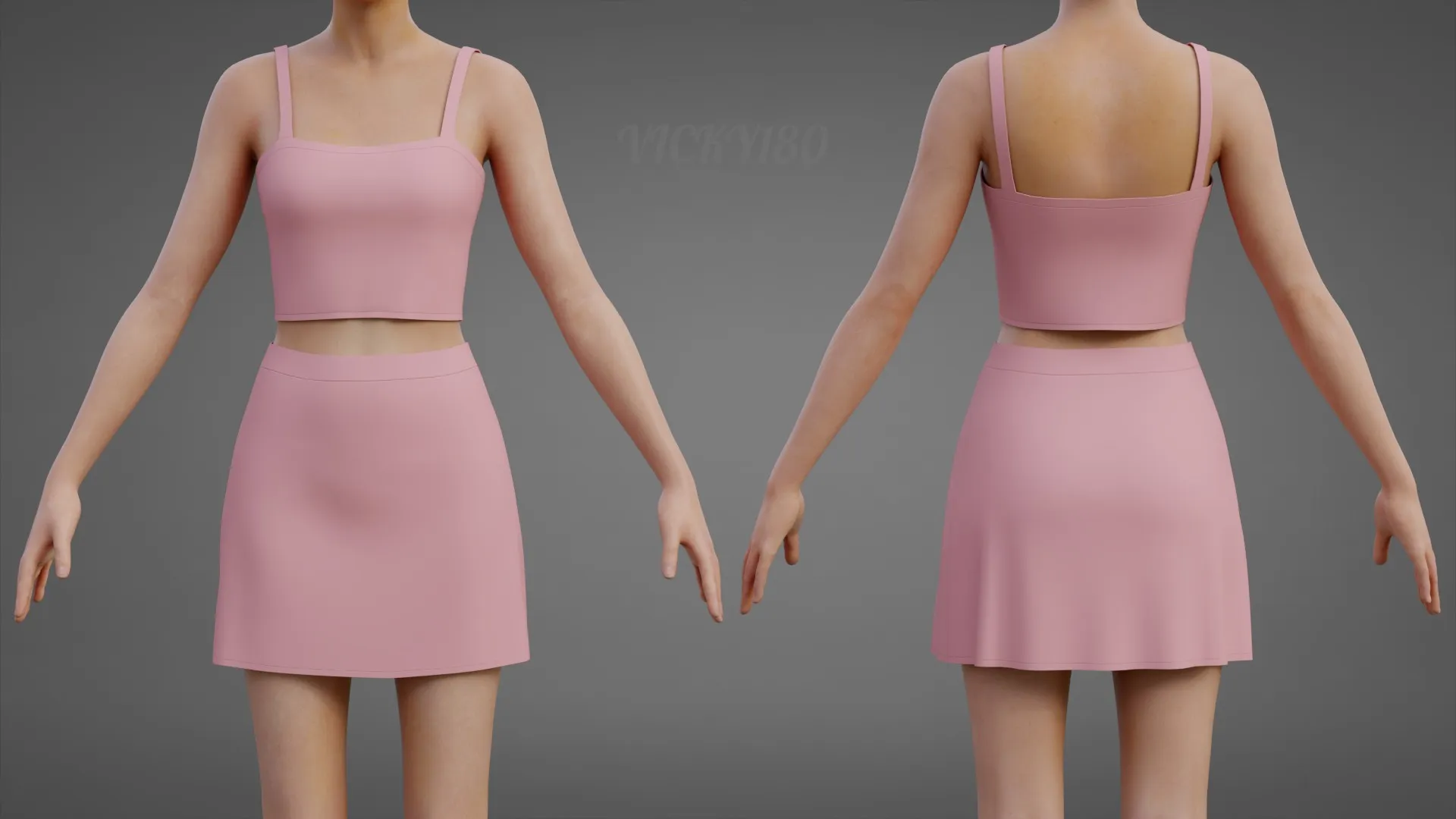 Completo estivo da donna in due pezzi Set con cinturino per spaghetti, minigonna, minigonna, abbigliamento 3D Modello 3D .c4d .max .obj .3ds .fbx .stl .blend 