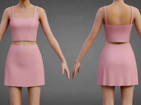 Zweiteiliges Sommer-Outfit-Set f&uuml;r Damen, Spaghettitr&auml;ger, bauchfreies Top, Minirock, 3D-Kleidungsst&uuml;ck 3D Modell