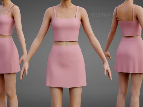 Completo estivo da donna in due pezzi Set con cinturino per spaghetti, minigonna, minigonna, abbigliamento 3D Modello 3D