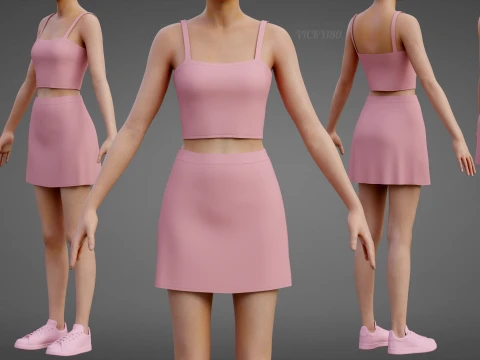 Completo estivo da donna in due pezzi Set con cinturino per spaghetti, minigonna, minigonna, abbigliamento 3D Modello 3D