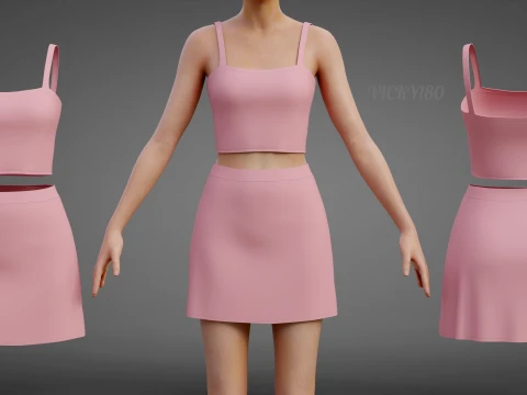 Completo estivo da donna in due pezzi Set con cinturino per spaghetti, minigonna, minigonna, abbigliamento 3D Modello 3D