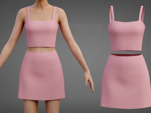 Completo estivo da donna in due pezzi Set con cinturino per spaghetti, minigonna, minigonna, abbigliamento 3D Modello 3D