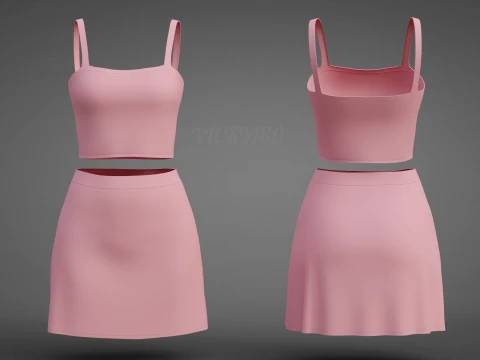 Completo estivo da donna in due pezzi Set con cinturino per spaghetti, minigonna, minigonna, abbigliamento 3D Modello 3D
