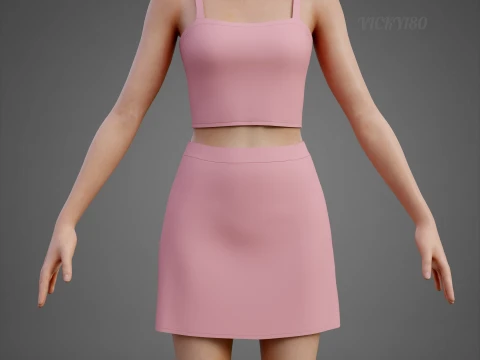 Completo estivo da donna in due pezzi Set con cinturino per spaghetti, minigonna, minigonna, abbigliamento 3D Modello 3D
