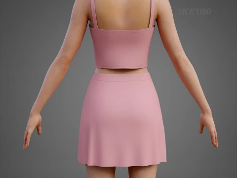 Completo estivo da donna in due pezzi Set con cinturino per spaghetti, minigonna, minigonna, abbigliamento 3D Modello 3D