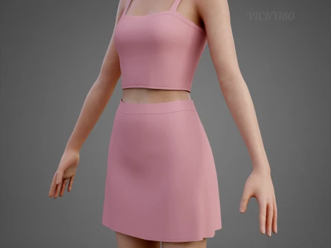 Completo estivo da donna in due pezzi Set con cinturino per spaghetti, minigonna, minigonna, abbigliamento 3D Modello 3D