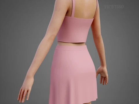 Completo estivo da donna in due pezzi Set con cinturino per spaghetti, minigonna, minigonna, abbigliamento 3D Modello 3D