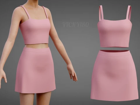 Completo estivo da donna in due pezzi Set con cinturino per spaghetti, minigonna, minigonna, abbigliamento 3D Modello 3D