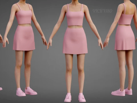 Completo estivo da donna in due pezzi Set con cinturino per spaghetti, minigonna, minigonna, abbigliamento 3D Modello 3D