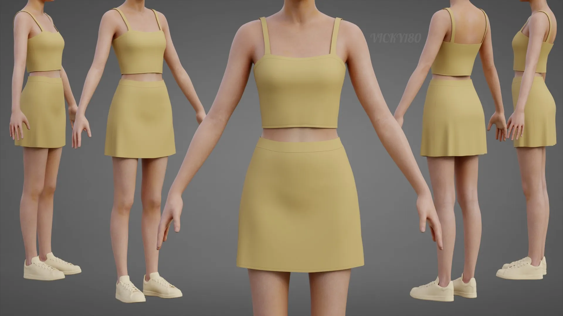 Cami Crop Top and Mini Skirt 3D Clothing Asset - Yellow Two-Piece Summer Outfit Set 3D Model .c4d .max .obj .3ds .fbx .stl .blend 