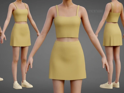 Cami Crop Top and Mini Skirt 3D Clothing Asset - Yellow Two-Piece Summer Outfit Set 3D Model