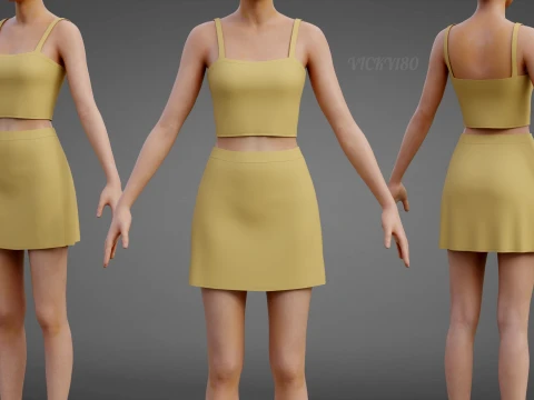 Cami Crop Top and Mini Skirt 3D Clothing Asset - Yellow Two-Piece Summer Outfit Set 3D Model