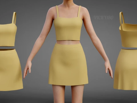 Cami Crop Top and Mini Skirt 3D Clothing Asset - Yellow Two-Piece Summer Outfit Set 3D Model