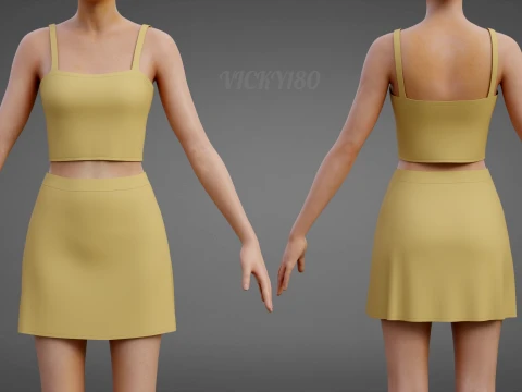 Cami Crop Top and Mini Skirt 3D Clothing Asset - Yellow Two-Piece Summer Outfit Set 3D Model