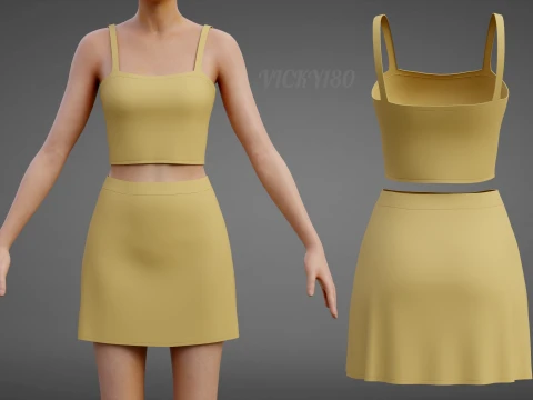Cami Crop Top and Mini Skirt 3D Clothing Asset - Yellow Two-Piece Summer Outfit Set 3D Model