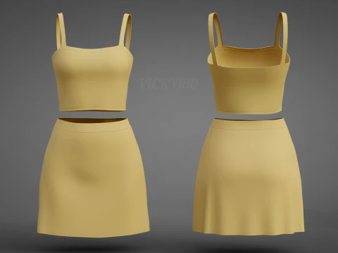 Cami Crop Top and Mini Skirt 3D Clothing Asset - Yellow Two-Piece Summer Outfit Set 3D Model
