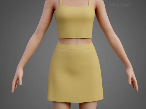 Cami Crop Top and Mini Skirt 3D Clothing Asset - Yellow Two-Piece Summer Outfit Set 3D Model