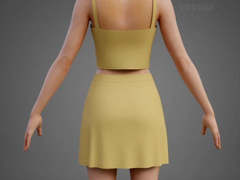 Cami Crop Top and Mini Skirt 3D Clothing Asset - Yellow Two-Piece Summer Outfit Set 3D Model