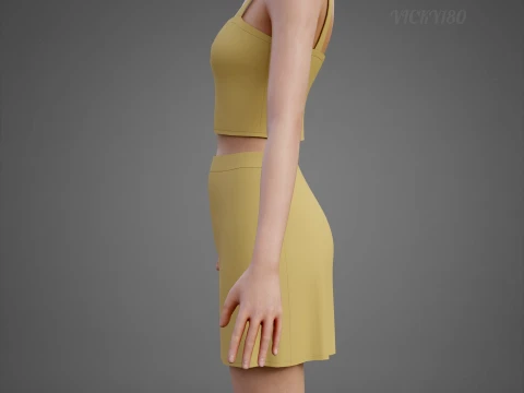 Cami Crop Top and Mini Skirt 3D Clothing Asset - Yellow Two-Piece Summer Outfit Set 3D Model