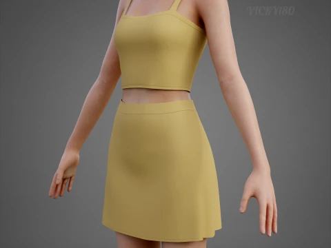 Cami Crop Top and Mini Skirt 3D Clothing Asset - Yellow Two-Piece Summer Outfit Set 3D Model