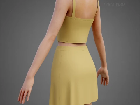 Cami Crop Top and Mini Skirt 3D Clothing Asset - Yellow Two-Piece Summer Outfit Set 3D Model