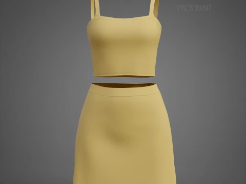 Cami Crop Top and Mini Skirt 3D Clothing Asset - Yellow Two-Piece Summer Outfit Set 3D Model