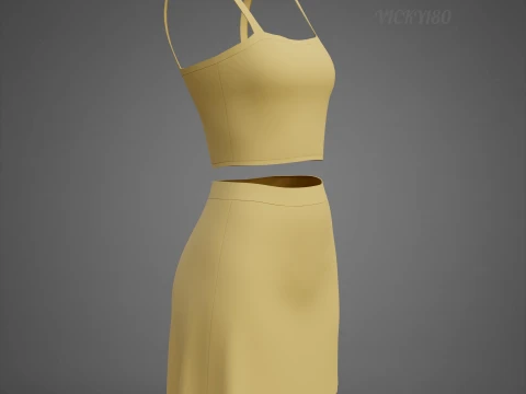Cami Crop Top and Mini Skirt 3D Clothing Asset - Yellow Two-Piece Summer Outfit Set 3D Model