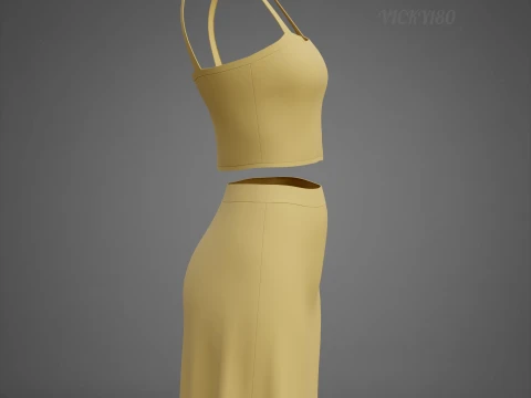 Cami Crop Top and Mini Skirt 3D Clothing Asset - Yellow Two-Piece Summer Outfit Set 3D Model