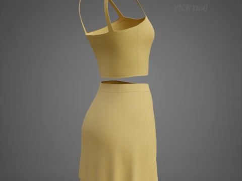 Cami Crop Top and Mini Skirt 3D Clothing Asset - Yellow Two-Piece Summer Outfit Set 3D Model