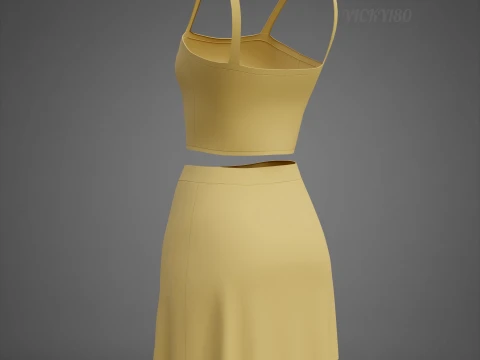 Cami Crop Top and Mini Skirt 3D Clothing Asset - Yellow Two-Piece Summer Outfit Set 3D Model