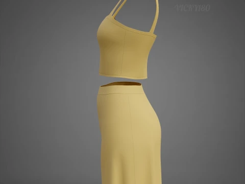 Cami Crop Top and Mini Skirt 3D Clothing Asset - Yellow Two-Piece Summer Outfit Set 3D Model