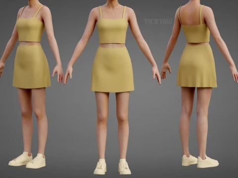 Cami Crop Top and Mini Skirt 3D Clothing Asset - Yellow Two-Piece Summer Outfit Set 3D Model