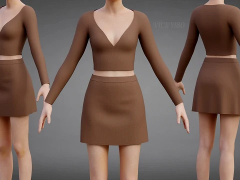 Bayan İki Par&ccedil;alı Triko Kıyafet-Uzun Kollu V Yaka Kırpma &Uuml;st A-Line Mini Etek 3D Giyim Varlık 3D Model