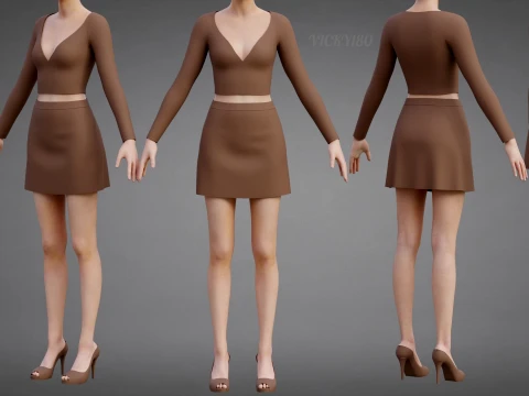 여성용 투피스 니트웨어 복장 - 긴 소매 V 넥 크롭 탑 A 라인 미니 스커트 3D 의류 자산 3D 모델