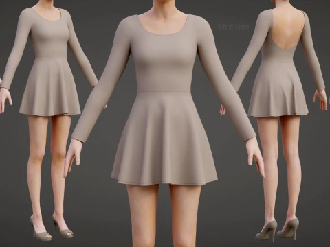 Womens Long Sleeve Open Back Skater Dress 3D Clothing Asset - Short Flare Dress 3D Model