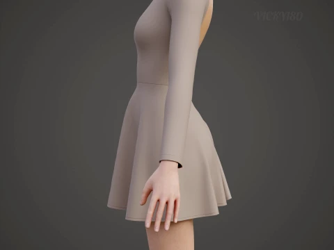 Womens Long Sleeve Open Back Skater Dress 3D Clothing Asset - Short Flare Dress 3D Model