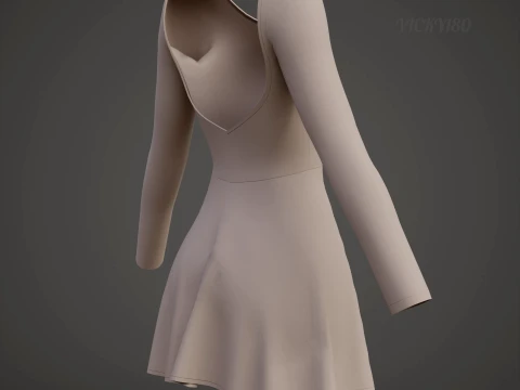 Womens Long Sleeve Open Back Skater Dress 3D Clothing Asset - Short Flare Dress 3D Model