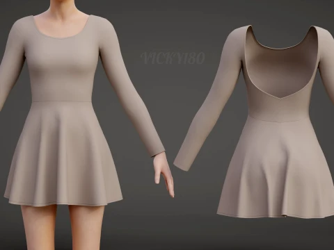 Womens Long Sleeve Open Back Skater Dress 3D Clothing Asset - Short Flare Dress 3D Model