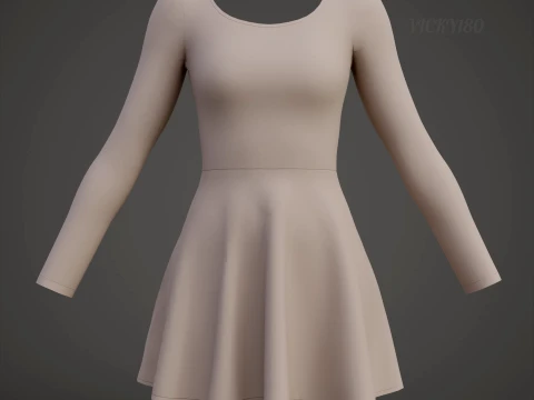 Womens Long Sleeve Open Back Skater Dress 3D Clothing Asset - Short Flare Dress 3D Model