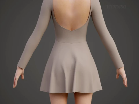 Womens Long Sleeve Open Back Skater Dress 3D Clothing Asset - Short Flare Dress 3D Model