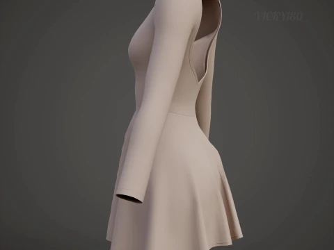 Womens Long Sleeve Open Back Skater Dress 3D Clothing Asset - Short Flare Dress 3D Model