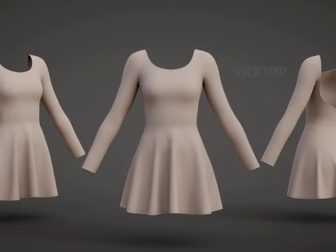 Womens Long Sleeve Open Back Skater Dress 3D Clothing Asset - Short Flare Dress 3D Model