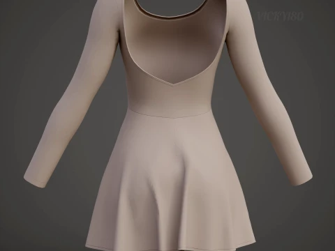 Womens Long Sleeve Open Back Skater Dress 3D Clothing Asset - Short Flare Dress 3D Model